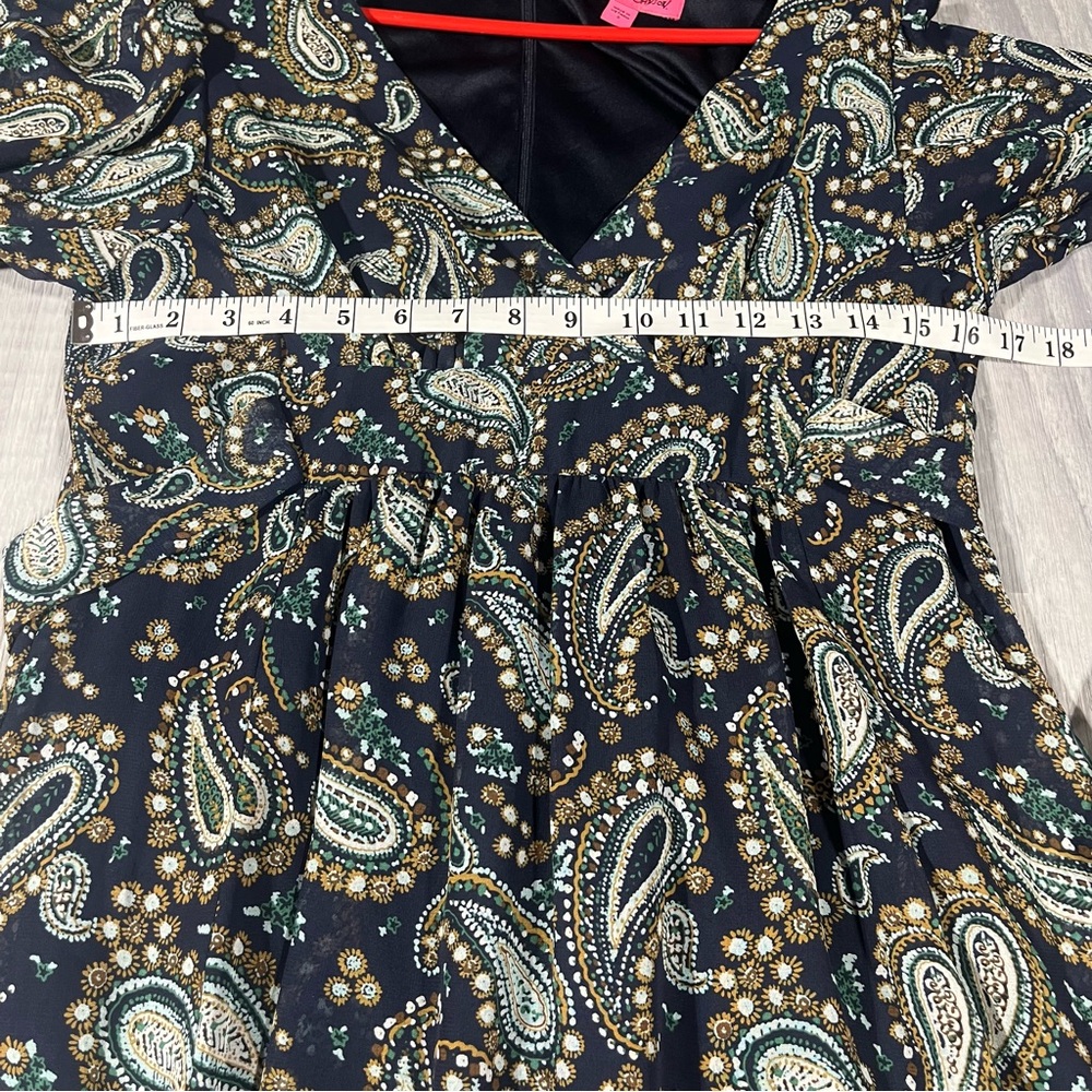 Betsey Johnson Navy Blue and Green Bohemian with Bell Sleeve Dress; Large (8) - Picture 4 of 10